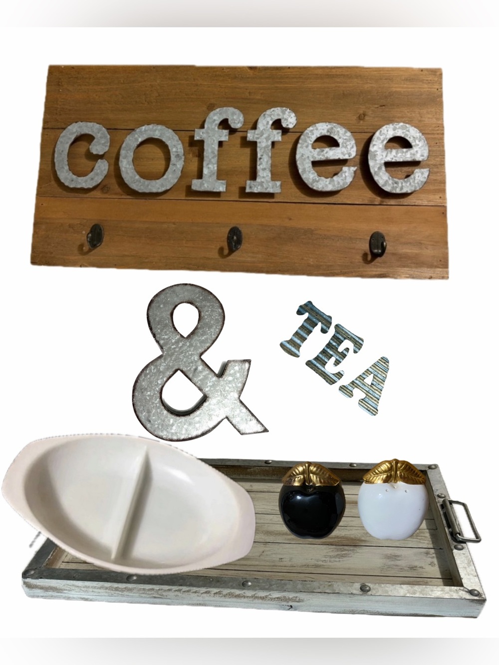 Kitchen Decor Lot - Rustic Serv Tray, Vintage S&P, Pyrex & Galvanized Wall Decor